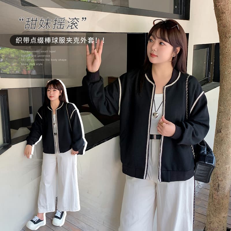Black baseball jacket, new autumn style, plus size, sporty flight jacket for chubby girls, 331635