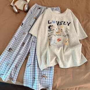 Lazy Style Pajamas Summer Women Set Slim Loose Student Korean Short Sleeve Plaid Long Pants Casual Two-Piece Set