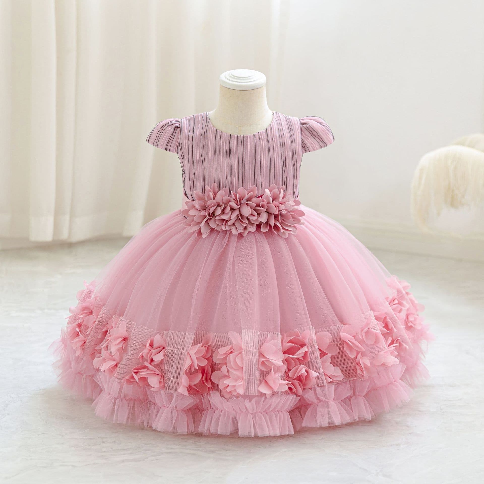 New Cross-Border Children's Performance Dress Lace Striped Princess Skirt Festival Tutu Tulle Skirt Birthday Party Dress