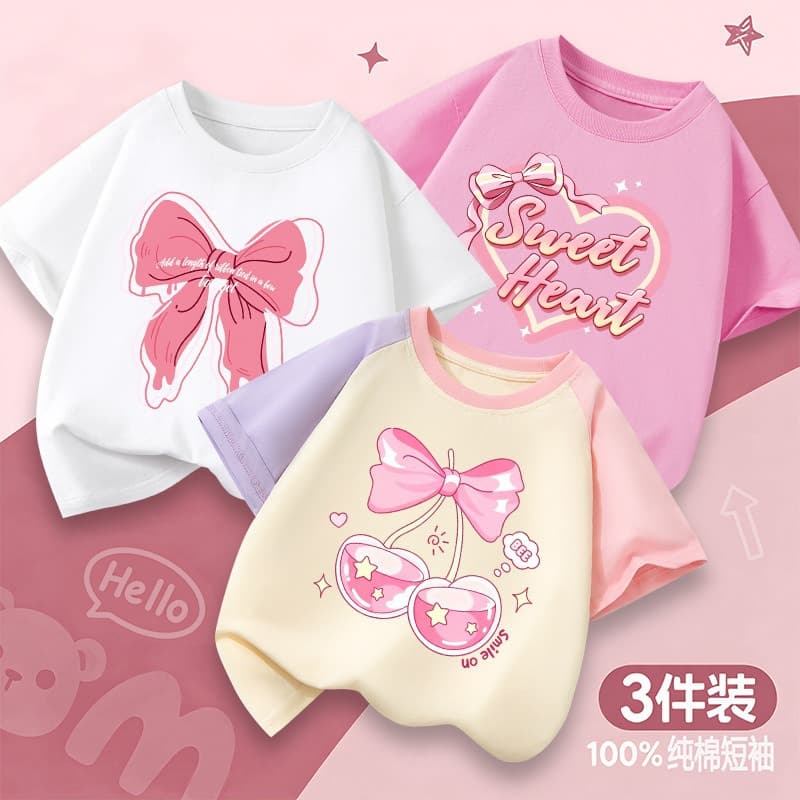 New Girls' Cotton Short Sleeve T-Shirt Summer Loose Breathable Printed Korean Style Versatile Kids Top