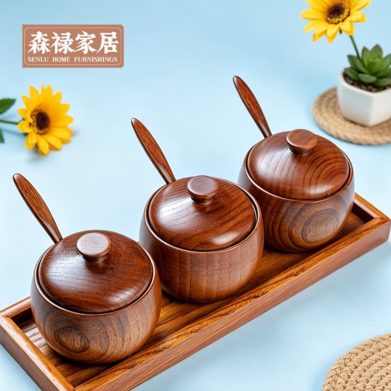 Japanese Retro Sour Jujube Wood Seasoning Jar with Lid, Solid Wood Kitchen Salt Container, Spice Jar Factory Wholesale