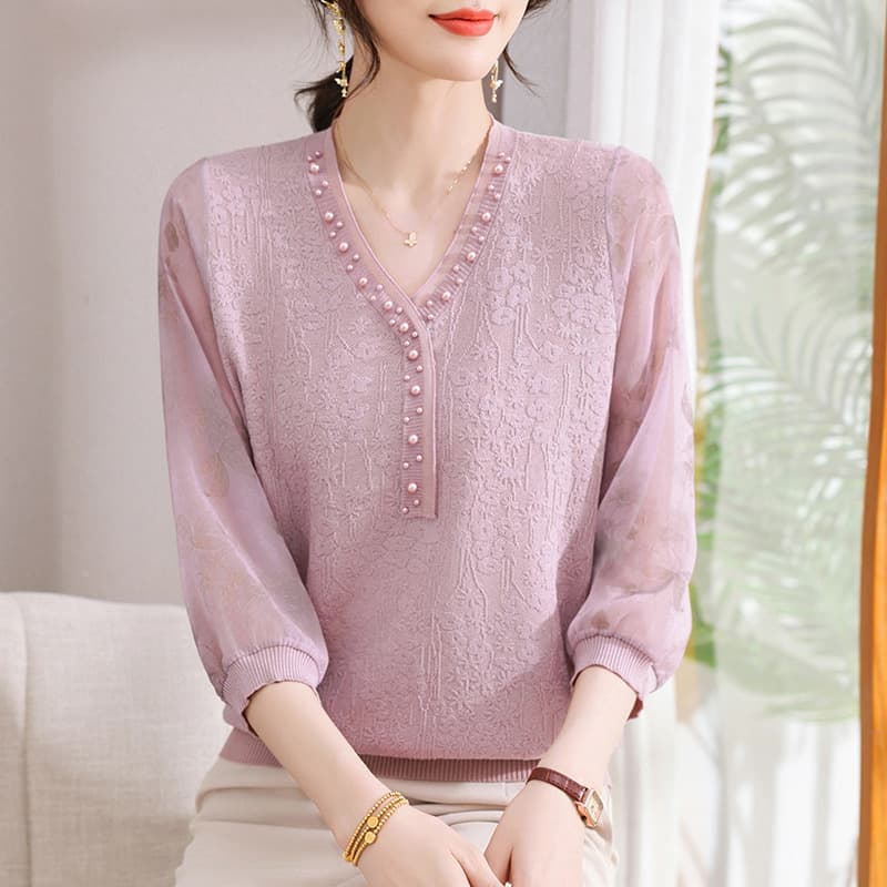 Summer Ice Silk Top, Fashionable Blouse for Middle-Aged Women, Mesh Sleeve Thin Knit Cardigan, Mother's Clothing