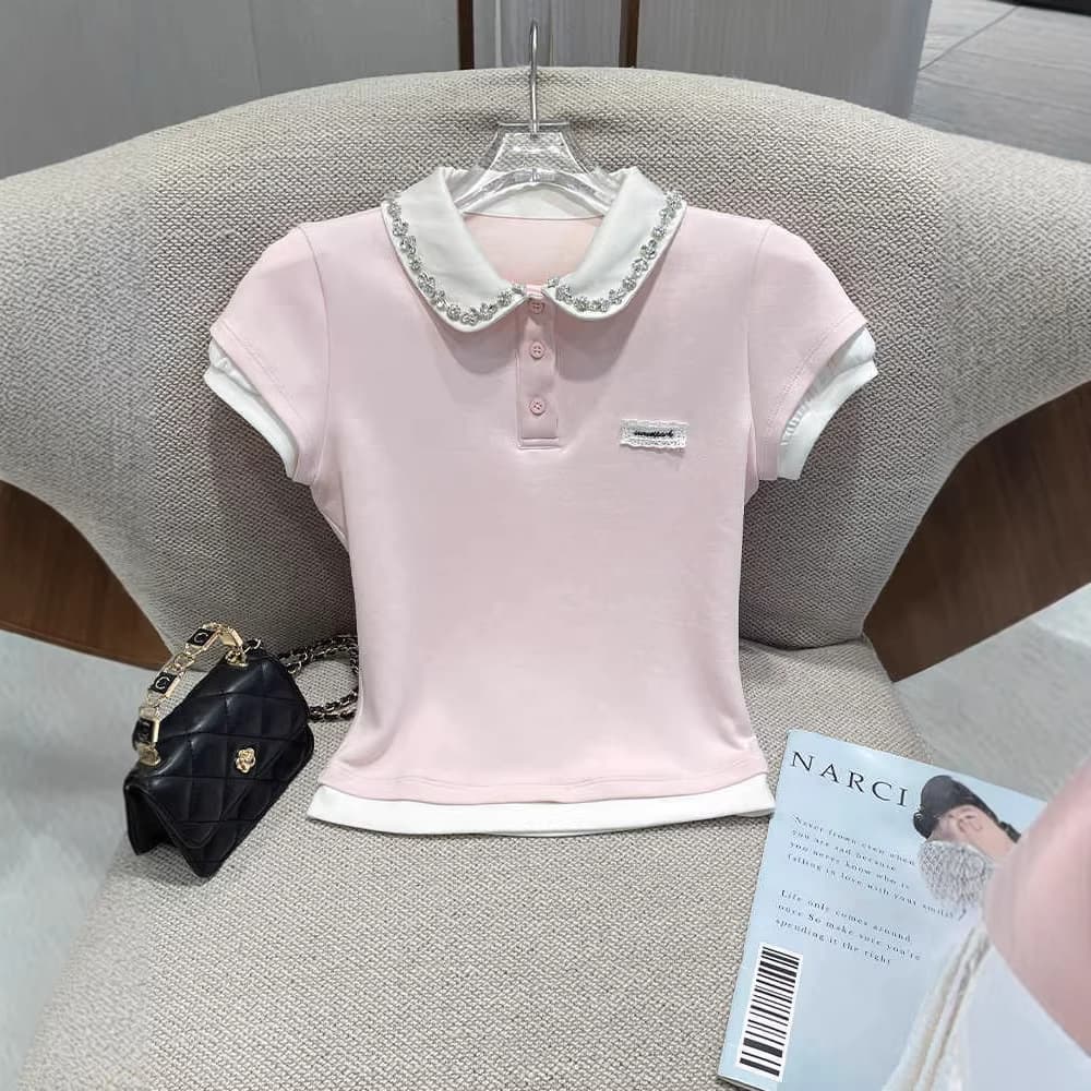 Petite Unique Sweet and Spicy Color-Block Slim Fit Short Polo Neck Top Summer New Style Shoulder-Emphasizing Short Sleeve T-Shirt for Women