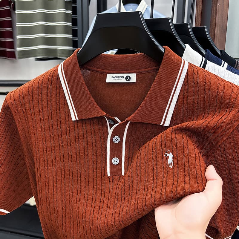 Vintage Old Money Cable Knit Polo Shirt with Delicate Embroidered Horse Logo, Turn-Down Collar Knitwear, Short Sleeve for Men Summer