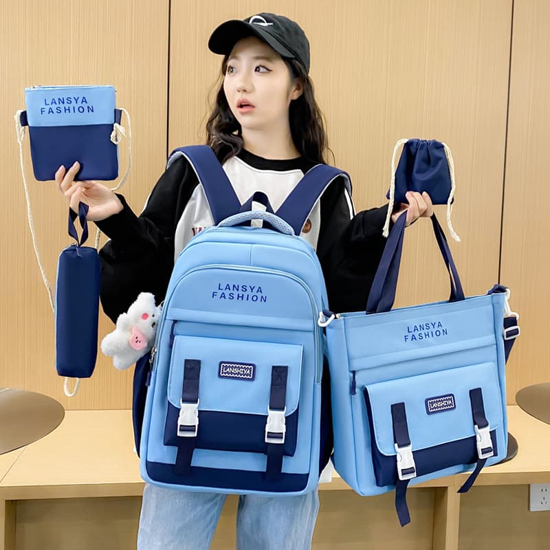 Five-piece student school bag set with contrasting colors, versatile Korean style casual backpack, lightweight large-capacity travel bag for daily travel
