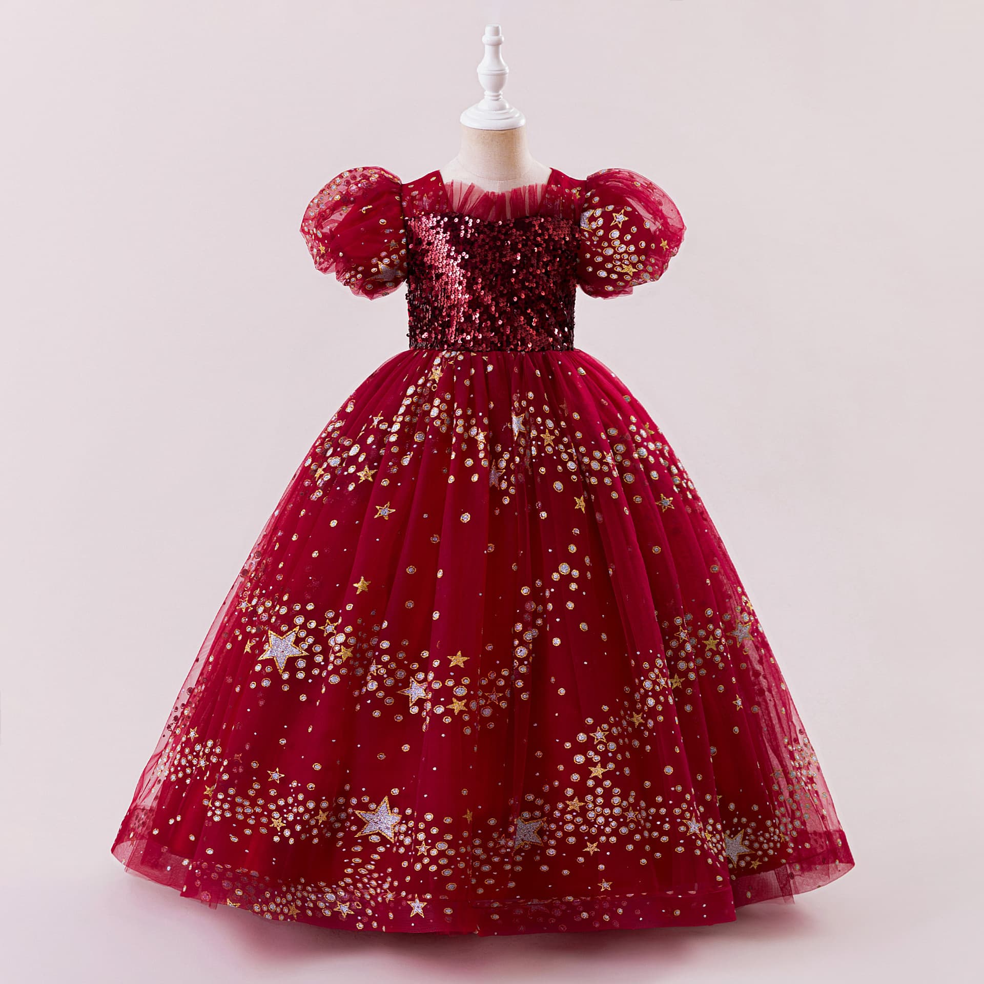 New Girls Princess Dress with Sequins, Puff Sleeves, Tulle Gown for Children's Birthday Party and Catwalk
