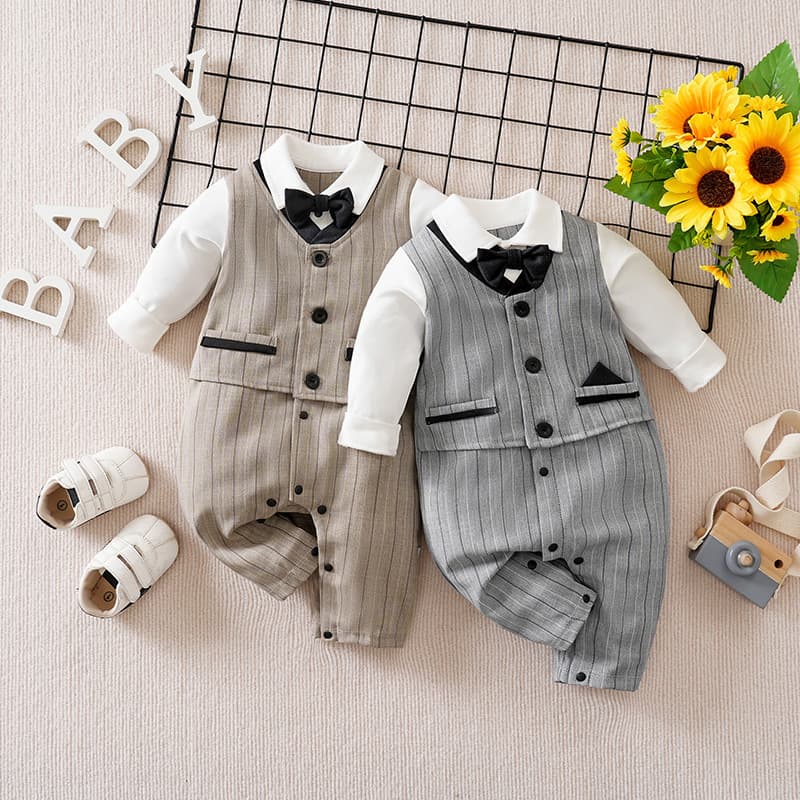 British Style Baby Romper for 100-Day Celebration and First Birthday, Little Boy Tuxedo with Bow Tie, Faux Two-Piece Bodysuit