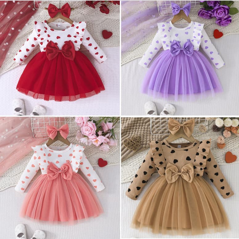 0-3 Year Old Baby Girl Spring and Autumn Sweet and Cute Princess Dress Cotton Ribbed Heart Print Mesh Dress + Headscarf