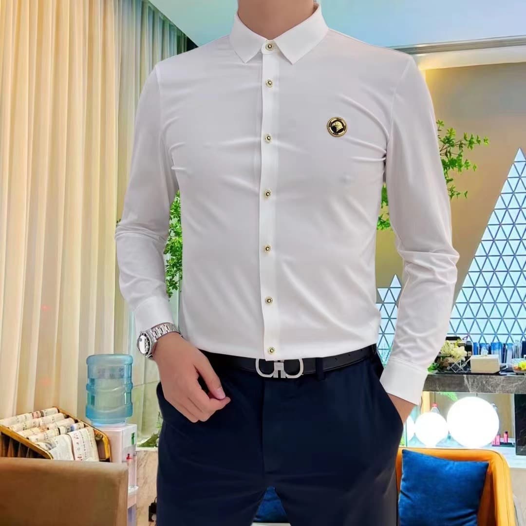 High-end silky stretch shirt men's short-sleeved slim-fit gold buckle European station ice silk anti-wrinkle shirt Eagle Youth