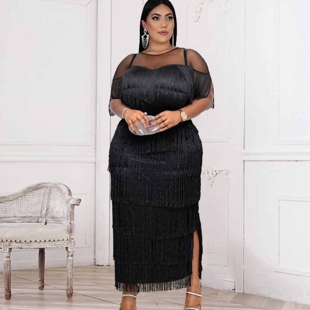 Multi-Layer Tassel High-Waist Bodycon Black S-4XL Plus Size Women's Party Dress