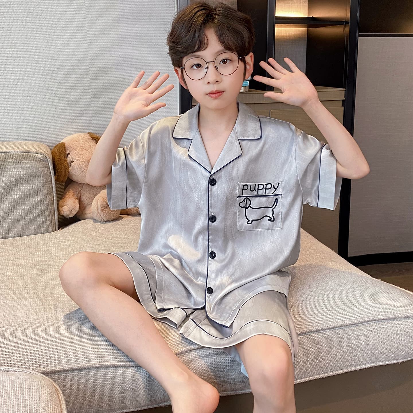 Summer Boys' Pajamas Teen 2026 New Ice Silk Short Sleeve Thin Cartoon Middle and Big Boys' Homewear Set