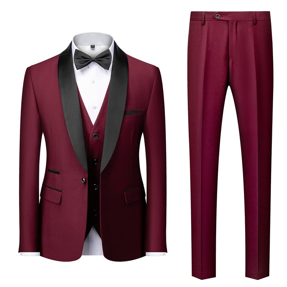 Men's Three-Piece Suit Set Shawl Lapel Groom Wedding Tuxedo Slim Fit Burgundy Best Man Suit Wedding Attire