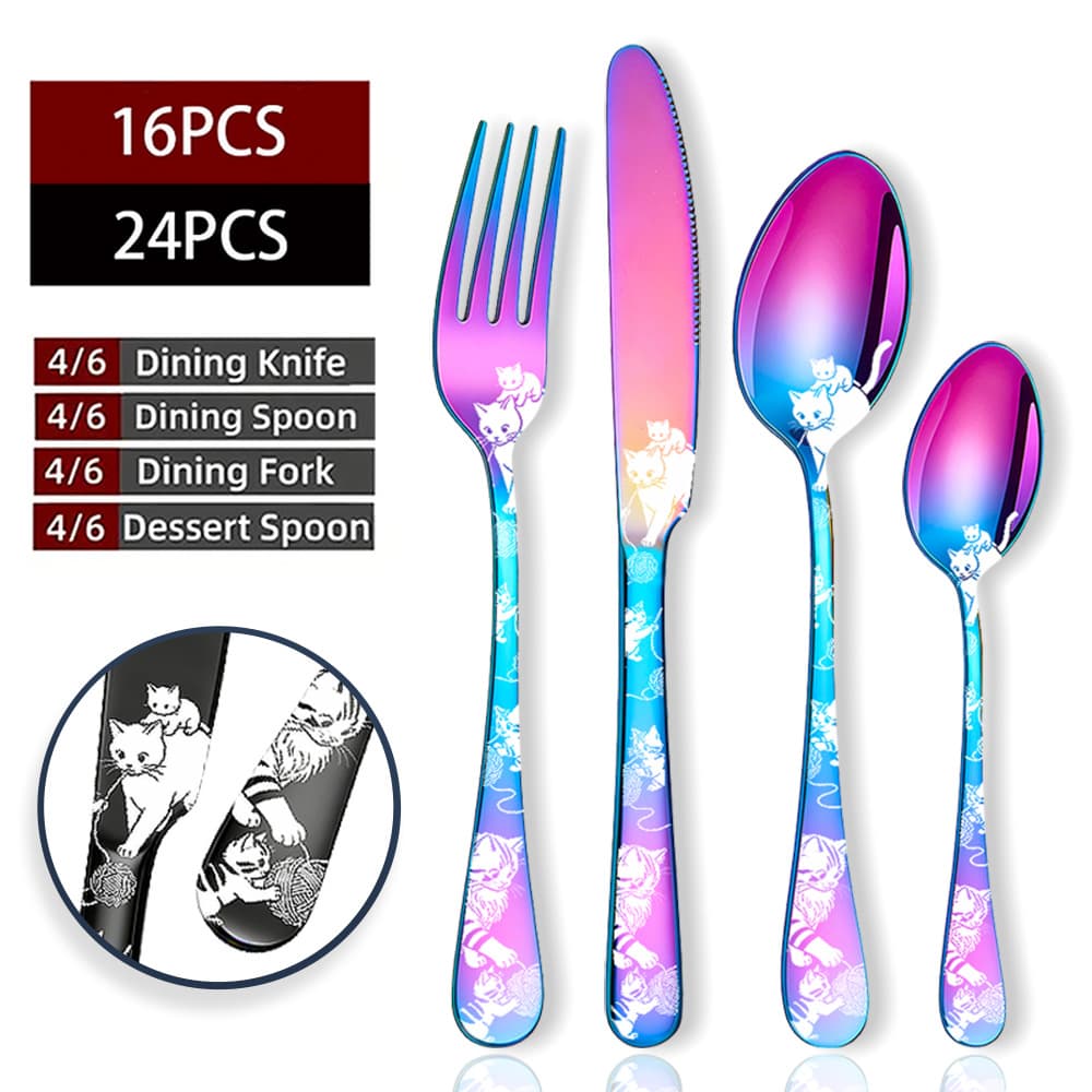 Amazon Cross-Border Stainless Steel Cutlery Set with Laser Cat Pattern Knife Fork Spoon for Steak, Holiday Couple Gift