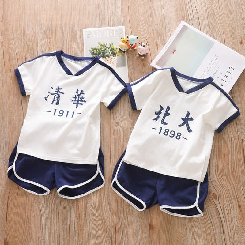 Boys' and Girls' Short Sleeve Shorts Set, Pure Cotton Tsinghua Peking University Kids' Summer T-Shirt Two-Piece Set