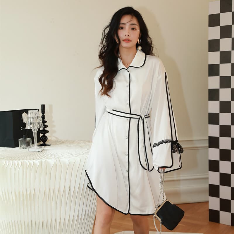 Summer Ice Silk Sleepwear Women's Pure Desire Hollow Out Solid Color Long Sleeve Thin Dress Home Clothes Can Be Worn Outside