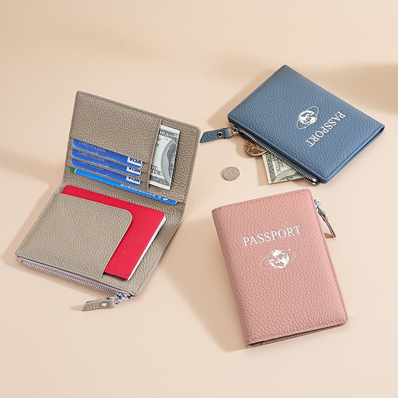 Genuine Leather Litchi Pattern Multi-Function RFID Passport Wallet Travel Ticket Clip Protective Cover Passport Holder Document Bag