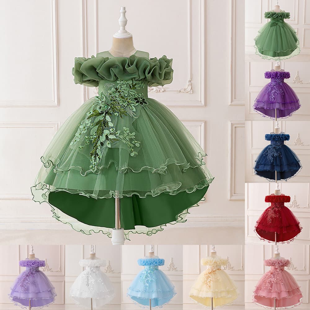 Amazon Children's Flower Girl Dress Wedding Train Tulle Princess Dress One-Shoulder Bow Evening Gown