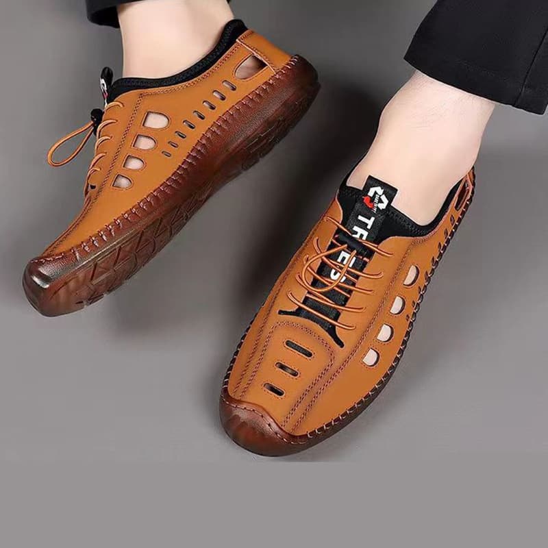 2025 Summer New Style Hollow-out Breathable Leather Shoes Men's Low-top Slip-on Casual Shoes Versatile Soft-soled Loafers