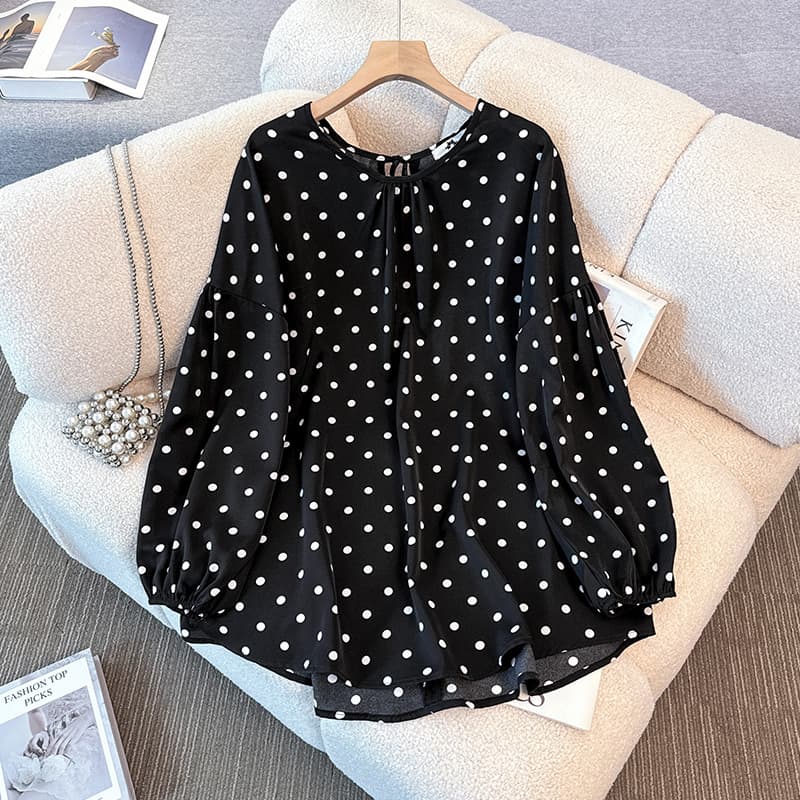 65-175kg Plus Size Women's Clothing for Fat mm Spring & Fall New Korean Style Lazy Style Dotted Lace-Up Round Neck Long-Sleeved Shirt