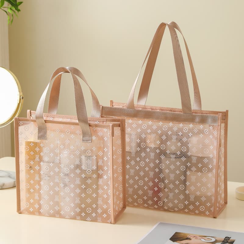 Fashion Mesh Tote Bag Portable Commuter Handbag with Bear Print Large Capacity Toiletry and Cosmetic Organizer