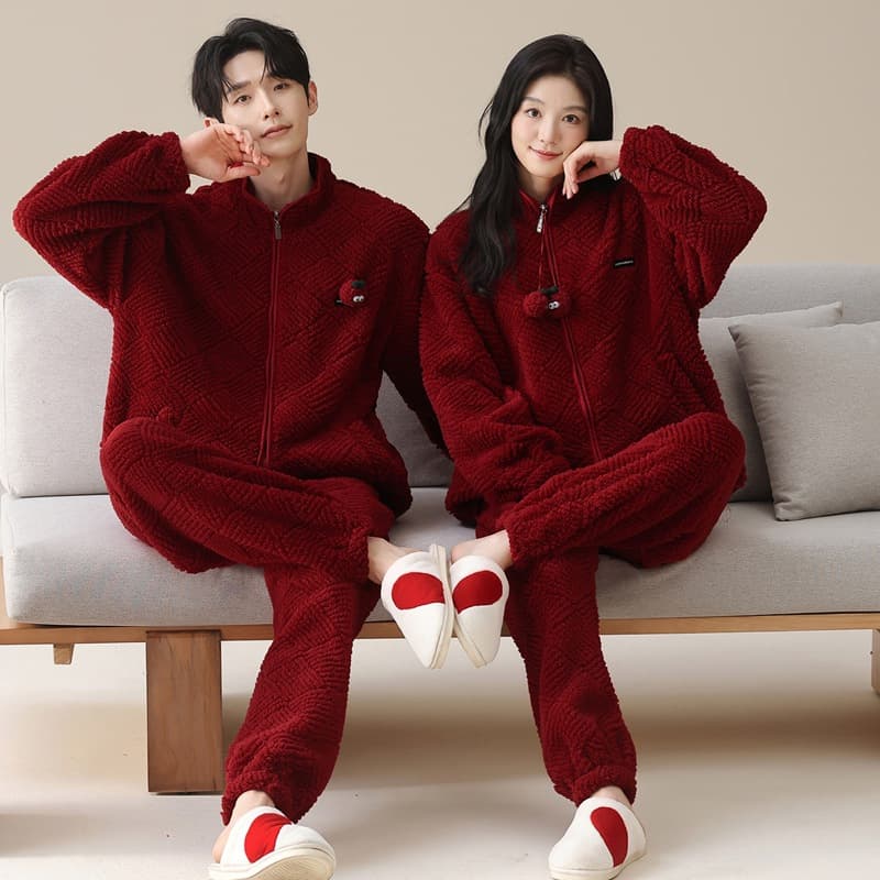 Couple's pajamas coral velvet winter thick warm red wedding festive winter men's and women's flannel home clothes
