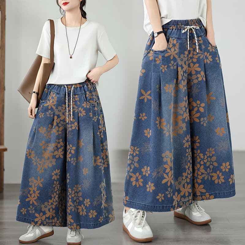 2026 Plus Size Denim Wide Leg Pants New Printed Elastic Loose Slimming Casual Versatile Straight Wide Leg Jeans