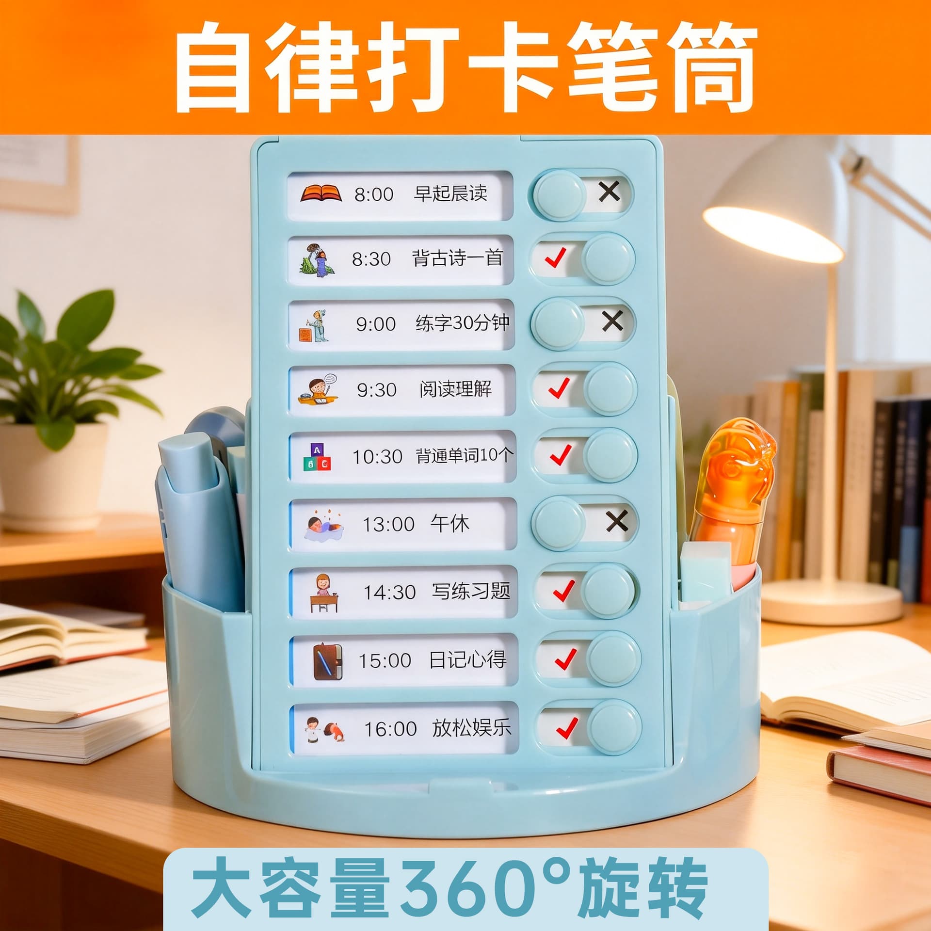 Self-discipline Check-in Rotating Pen Holder, Large Capacity Student Desktop 3-in-1 Storage Organizer, Multi-functional Pen Container