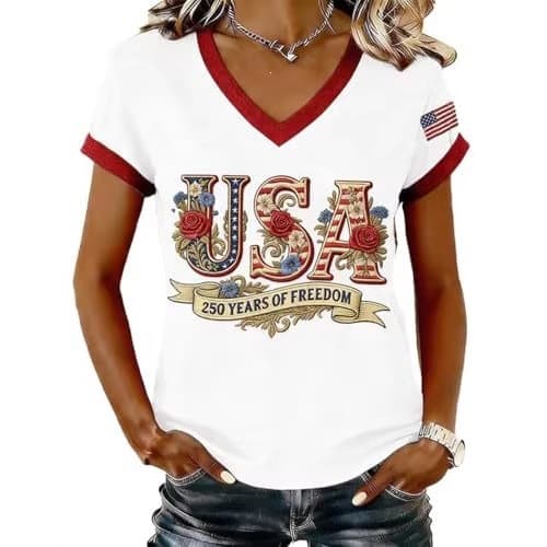 2026 Cross-border Amazon Spring/Summer New Fashion USA American Flag Print V-Neck Short Sleeve Women's T-Shirt