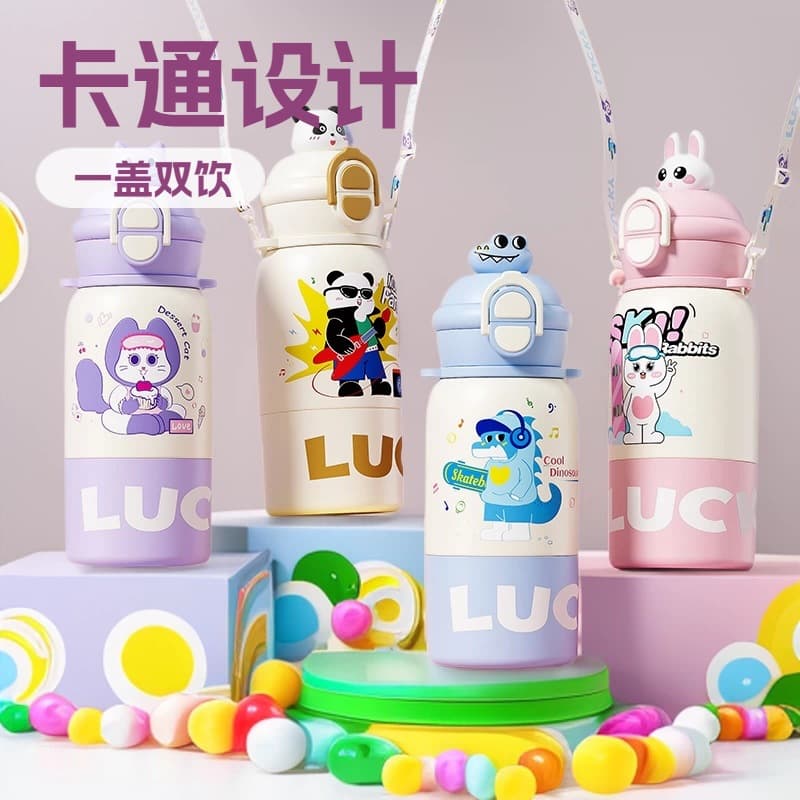 High-Quality Cartoon Kids Insulated Water Bottle, School Cold-Proof Cup, Straw Cup, Large Capacity, Dual-Drink Lid, Stainless Steel Cup