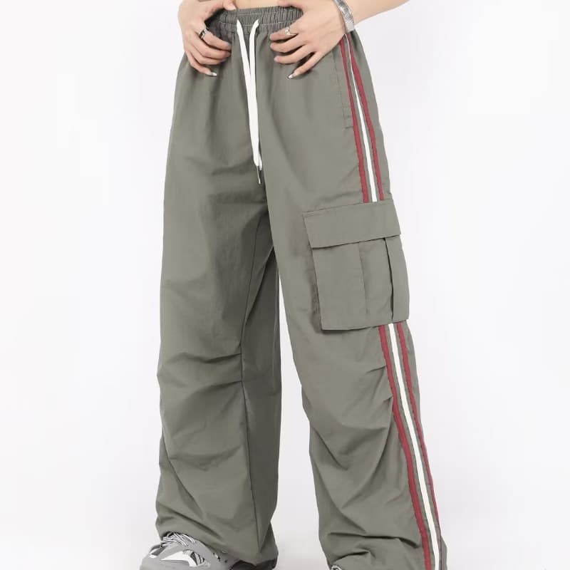 American Style Cargo Pants for Women Summer Loose Straight Wide Leg Casual Pants Retro Contrast Stripe Sport Outdoor Trousers Trendy