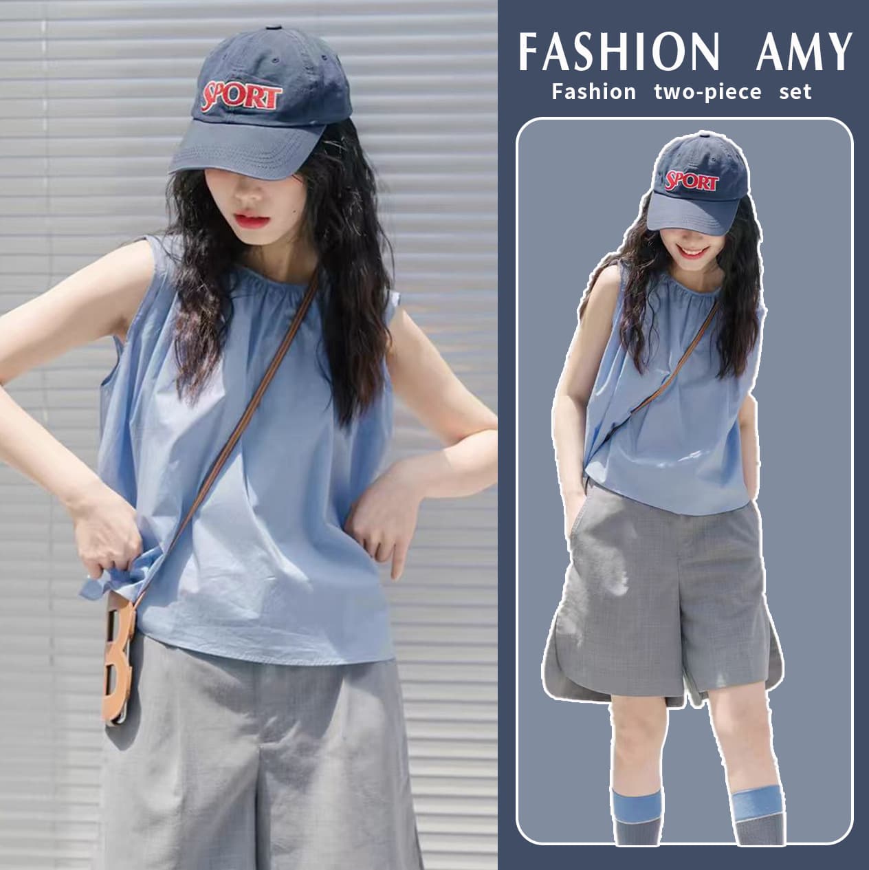 In Stock Women's Blue Sleeveless Top and Shorts Two-Piece Casual Set, Hong Kong Style, Sweet and Salty, Age-Reducing Suit