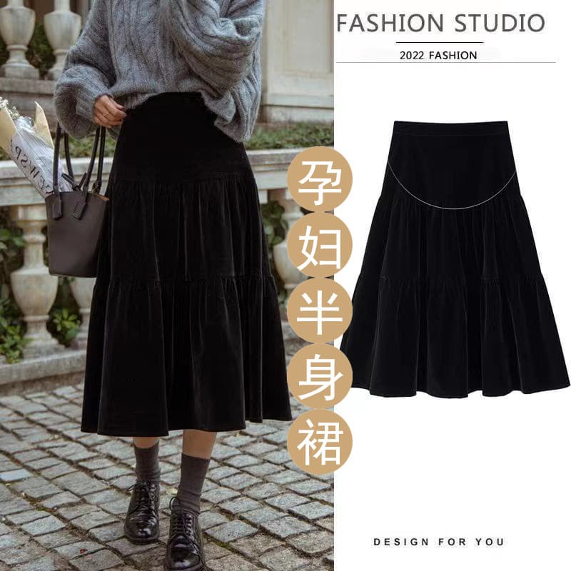 Maternity 2025 Autumn/Winter Retro Midi Velvet Flared Skirt with Belly Support