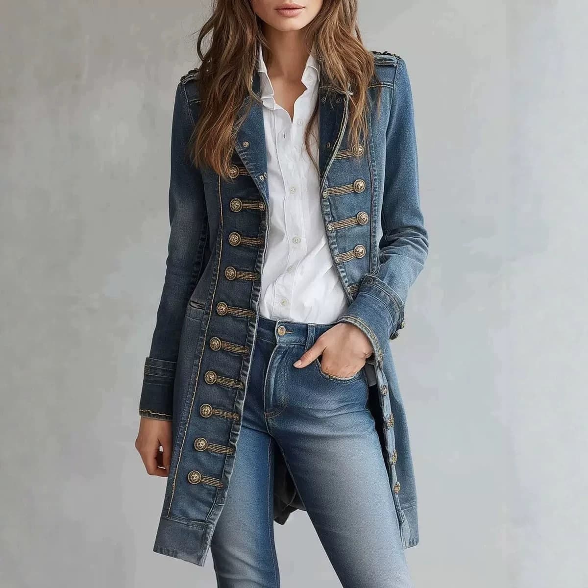 2026 Summer New Arrival Cross-border Women's Wear European & American Retro Court Style Multi-row Button Decorated Denim Long Coat