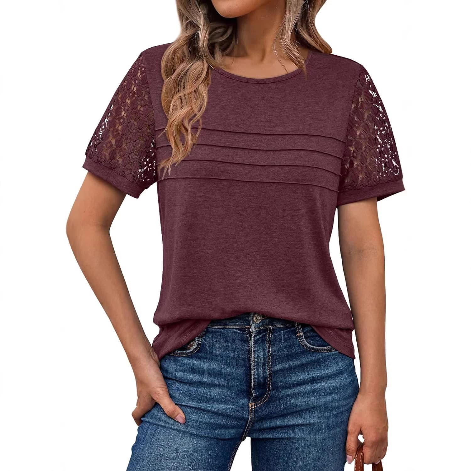 AUTOMET Women's Short Sleeve Blouse Fashion Lace Summer Top 2026 Spring Trendy Casual T-Shirt