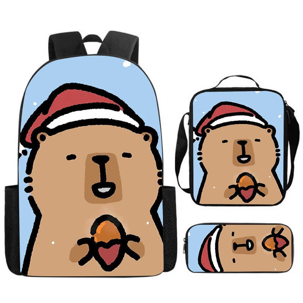 Cartoon Capybara Backpack Lunch Bag Pencil Case 3-Piece Set Lightweight Elementary School Backpack Kids Ergonomic School Bag
