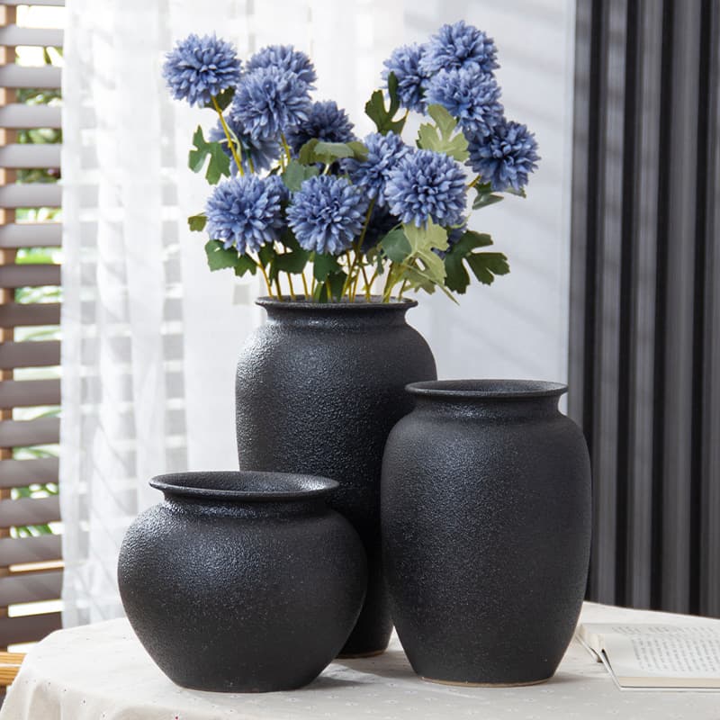 Modern Simplicity Black Frosted Ceramic Flower Vase for Dried Flowers Large Size Tabletop Living Room Zen Style Chinese New Style