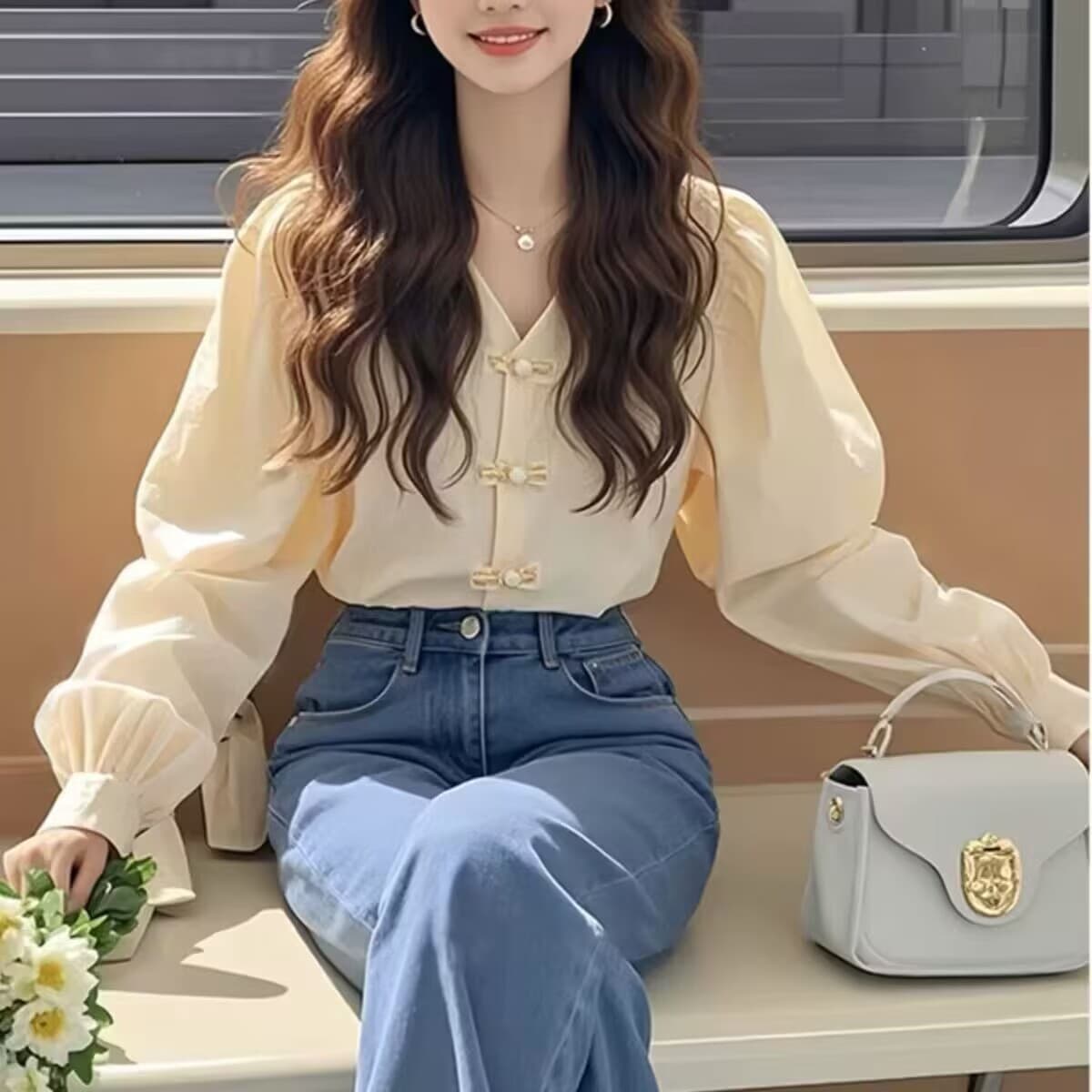 Loose Striped Shirt Women's Long Sleeve V-Neck Doll Top Spring Summer New Style Korean System Button down Cotton Polyester