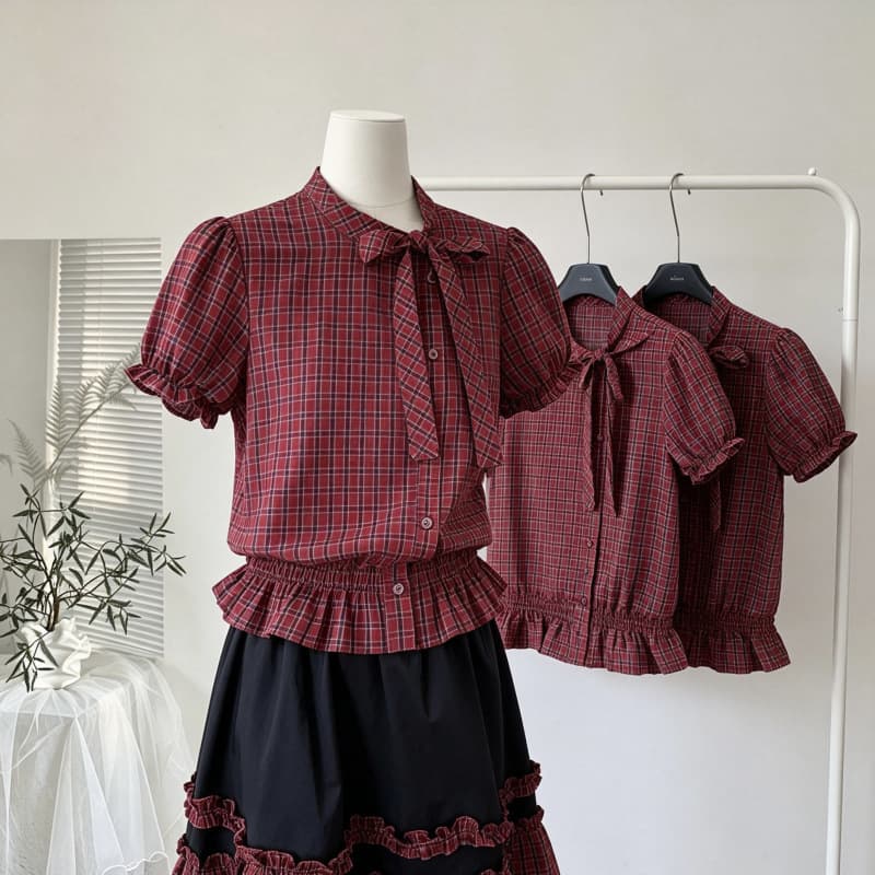 Nuochu Shahe MUCHA Mucha "Vichy Garden" Sweet Girl Style Plaid Bubble Sleeve Shirt College Style