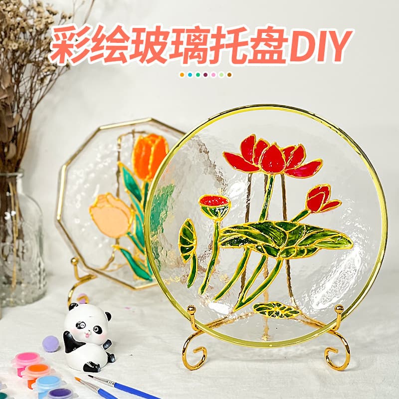 Back-to-school gift round glass plate diy handmade material package painted jewelry graffiti fruit plate oil painting salon