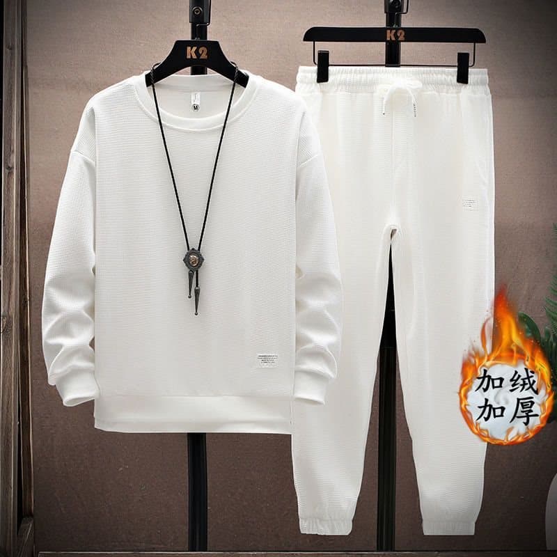 Spring and autumn thin waffle suit men's trendy large size simple casual round neck sweatshirt long-sleeved trousers two-piece set