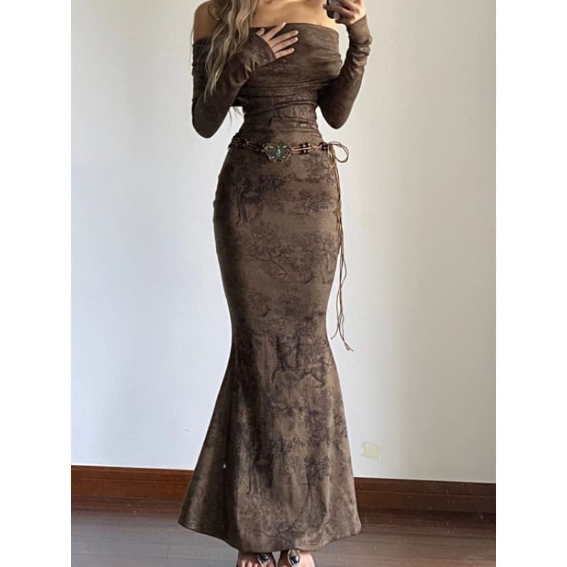 European and American style dune brown wasteland-inspired one-shoulder long sleeve waist-cinching bodycon mermaid dress, fashionable and high-end