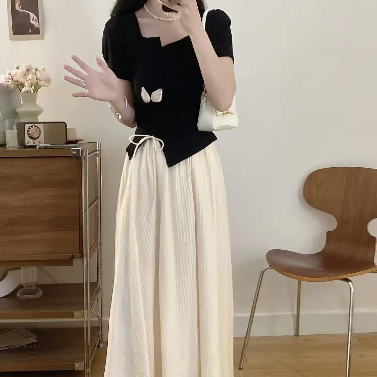 Summer Outfit Set Plus Size Women Design Drawstring Short Sleeve T-Shirt High-Waist Slimming Skirt Two-Piece Set