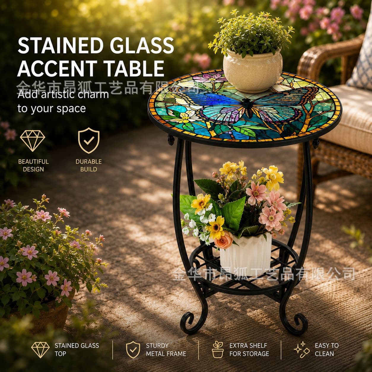 Cross-border painted iron flower stand table, indoor living room side table, outdoor courtyard garden decoration round storage table