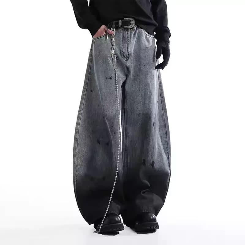 American Vintage Retro Gradient Splatter Curved Knife Pants Men Women New Trend Loose Baggy Wide Leg Jeans Ins