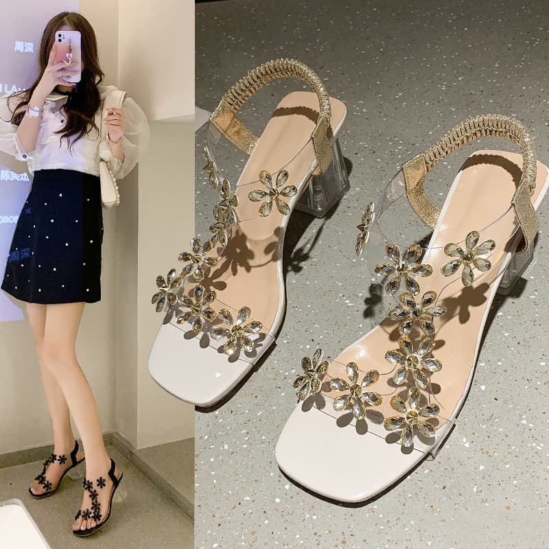 Export Plus Size Fashion Rhinestone Butterfly High Heel Sandals 2026 New Square Toe Crystal Chunky Heel Transparent High Heel Sandals