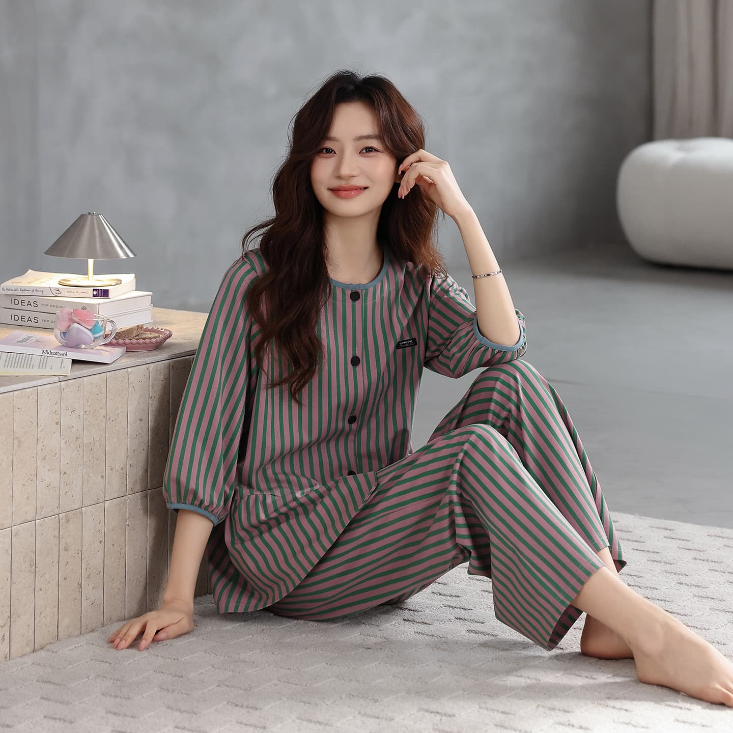 Women's Pure Cotton Pajamas, Summer Style, Three-Quarter Sleeves, Cropped Pants, Cardigan, Loose Fit, Simple Casual Homewear for Summer