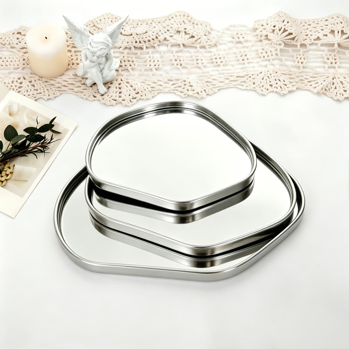 Silver Mirror Irregular Jewelry Tray Desktop Earring Ring Necklace Storage Dish Cosmetic Aromatherapy Display Tray