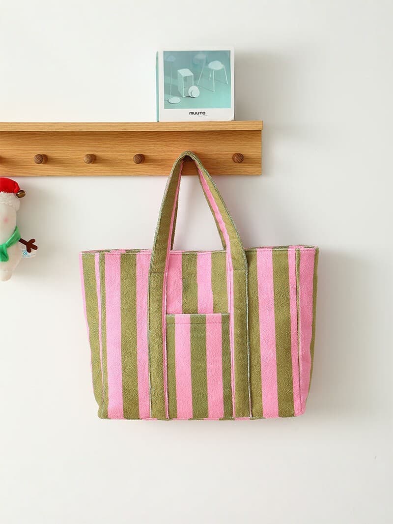 2026 New Pink Striped Tote Bag for Women Large Capacity Shoulder Bag Minimalist Commuter Handbag Fashion Versatile Style