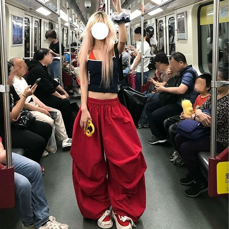 American Retro Red Wide Leg Casual Pants Unisex Summer Loose Pleated Paratrooper Pants Floor-Length
