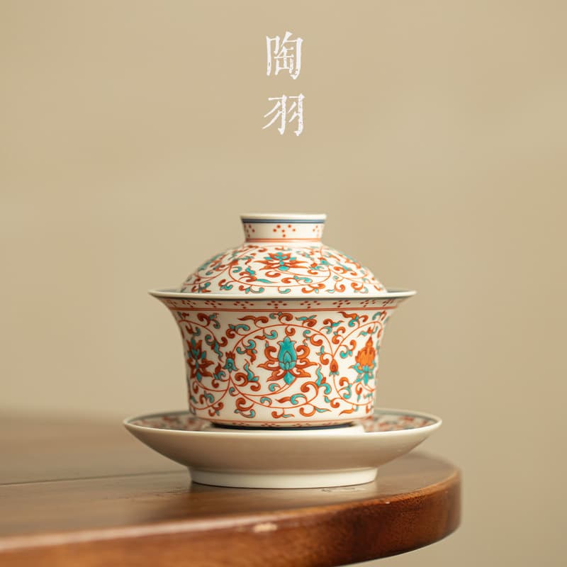 Antique Red and Green Interlocking Lotus Pattern Floating Three-Talent Lid Bowl, Household Ceramic Tea Brewing Bowl, High-End Anti-Scald Kung Fu Tea Set
